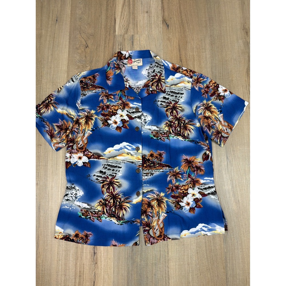 Vintage 90s Hilo Hattie Hawaiian Shirt Mens Large Blue Rayon Tropical Hawaii
